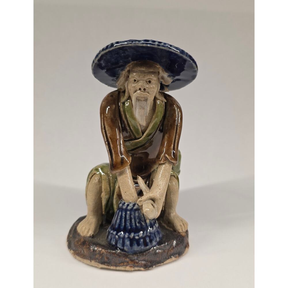 Chinese Mudman Fisherman Figurine Handcrafted Pottery 3.75”